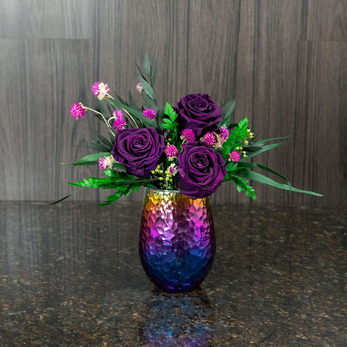3 Preserved Dark Purple Roses in Colorful Metallic Vase