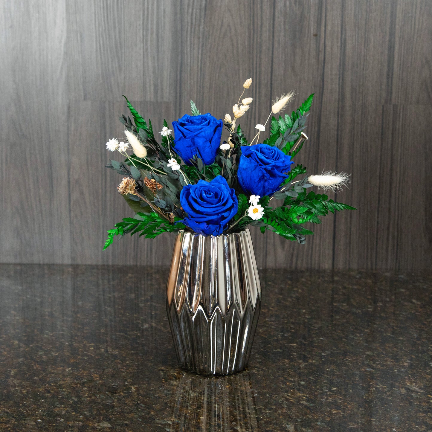 3 Preserved Blue Roses in Silver Vase