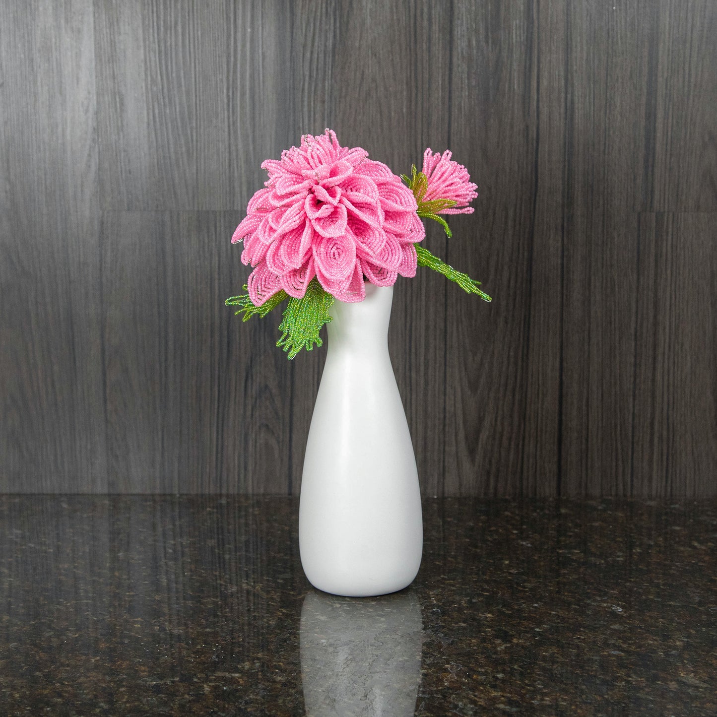 French Beaded Pink Dahlia in White Bud Vase