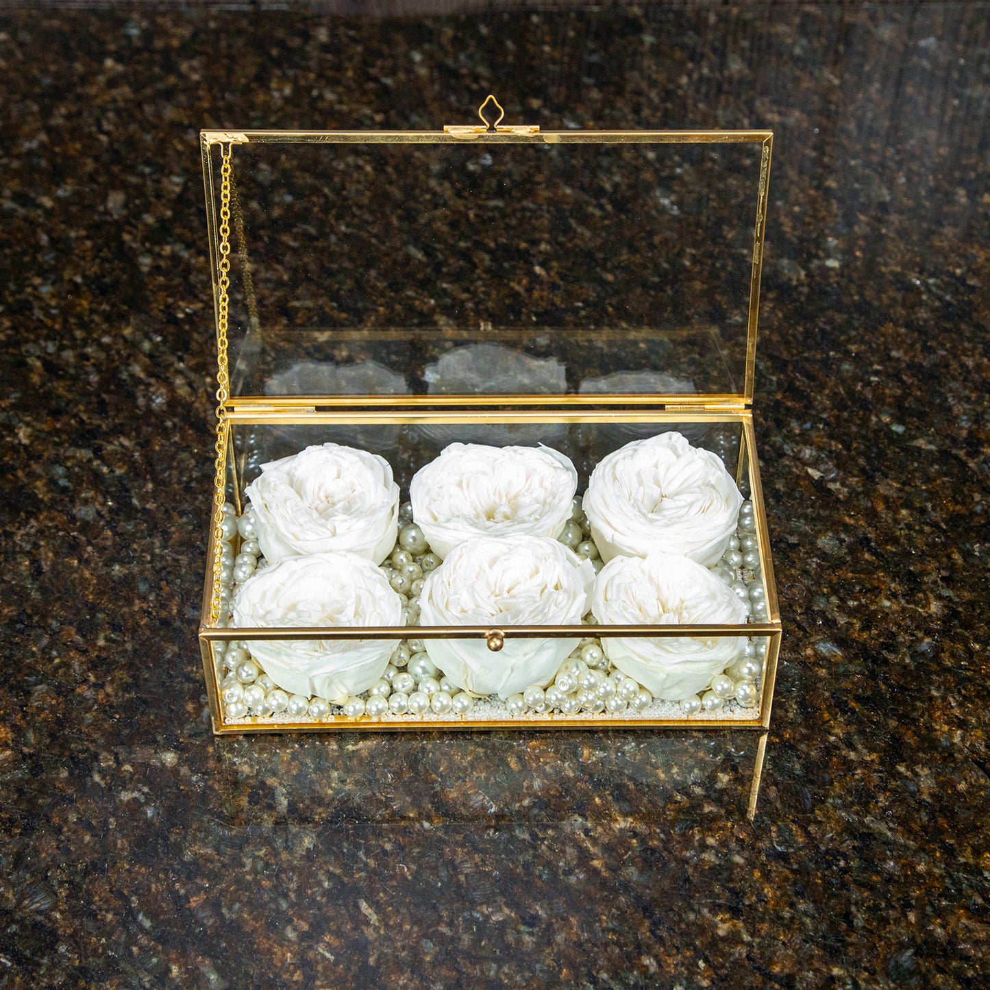 6 Preserved White Garden Roses in Glass Box