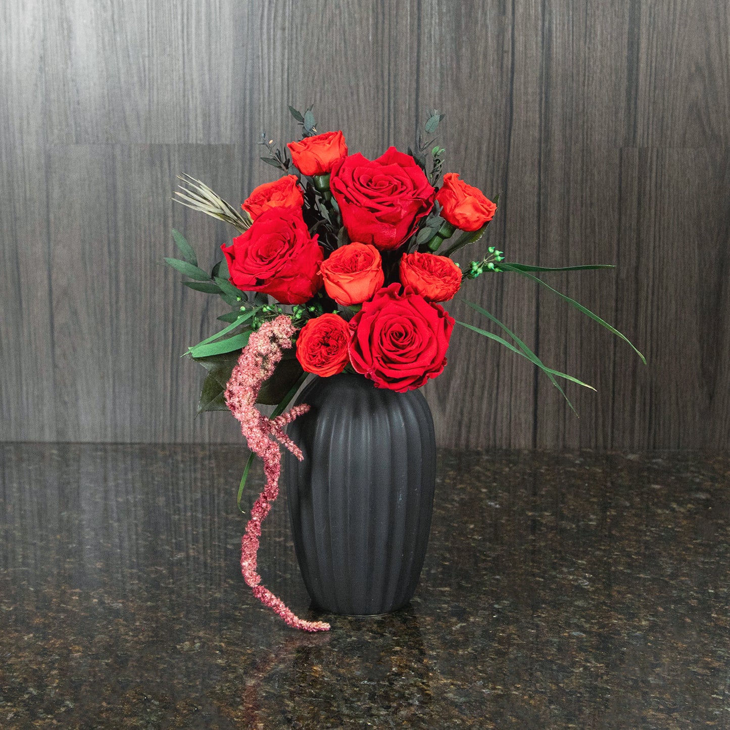 Preserved Red Roses and Mini Garden Roses in Black Ceramic Vase