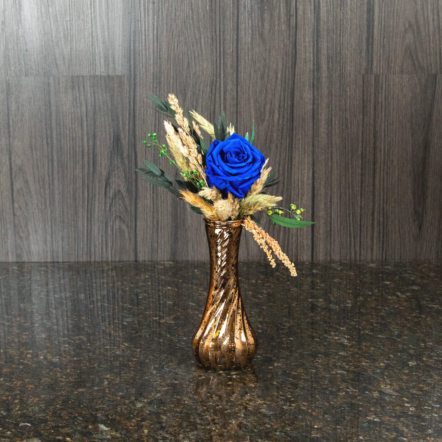 Single Preserved Blue Rose in Mercury Glass Vase