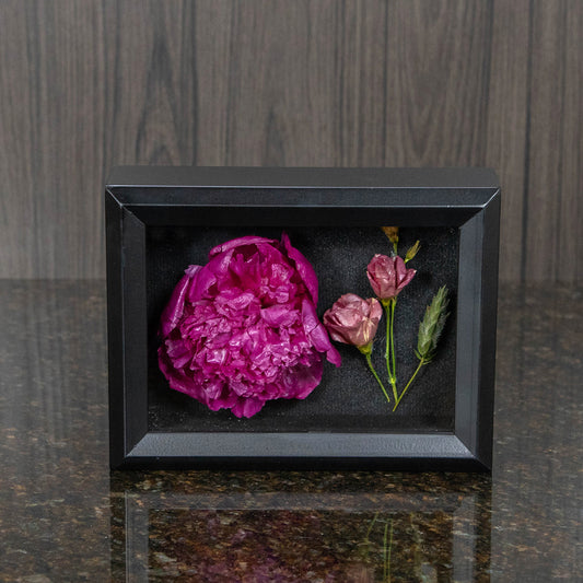 a black shadow box featuring a dried pink peony, dried pink lisianthus, and a bit of dried filler