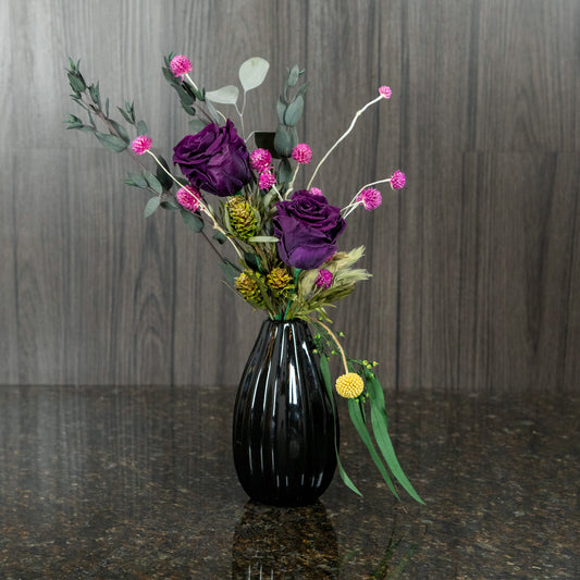 2 Preserved Dark Purple Roses in Black Vase