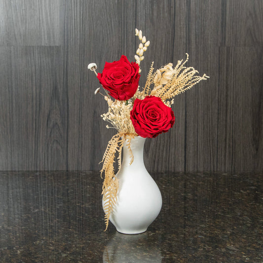 2 Preserved Red Roses in White Vase