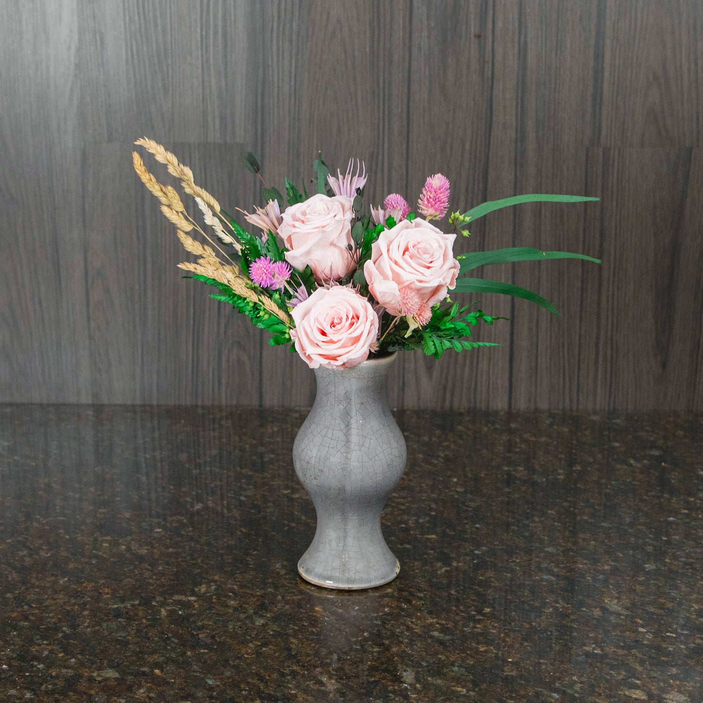 3 Preserved Pink Roses in Ceramic Vase