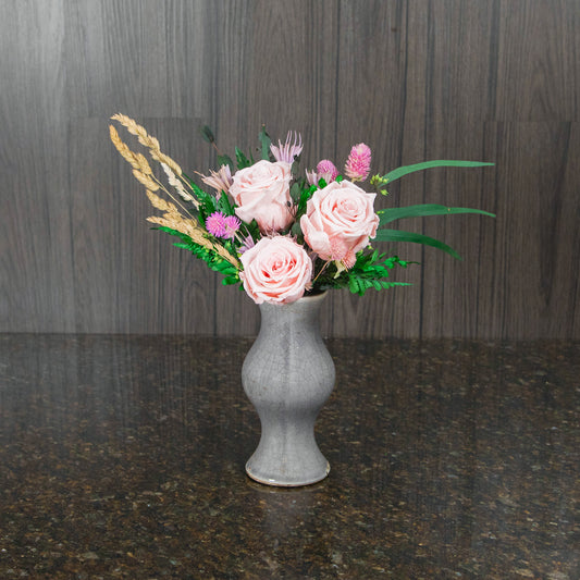 3 Preserved Pink Roses in Ceramic Vase