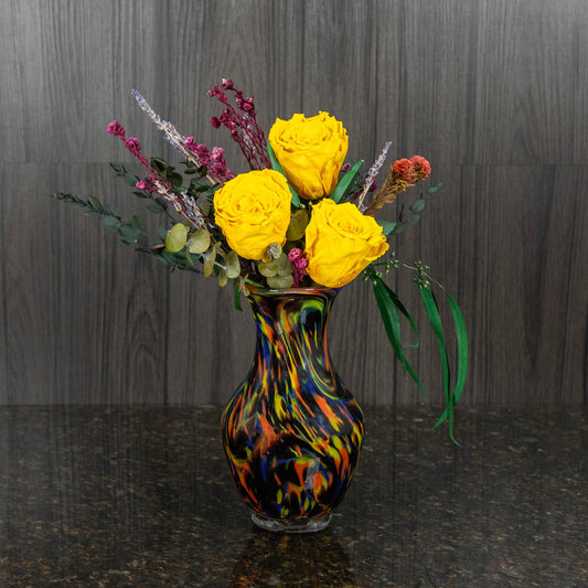 3 Preserved Yellow Roses in Colorful Glass Vase