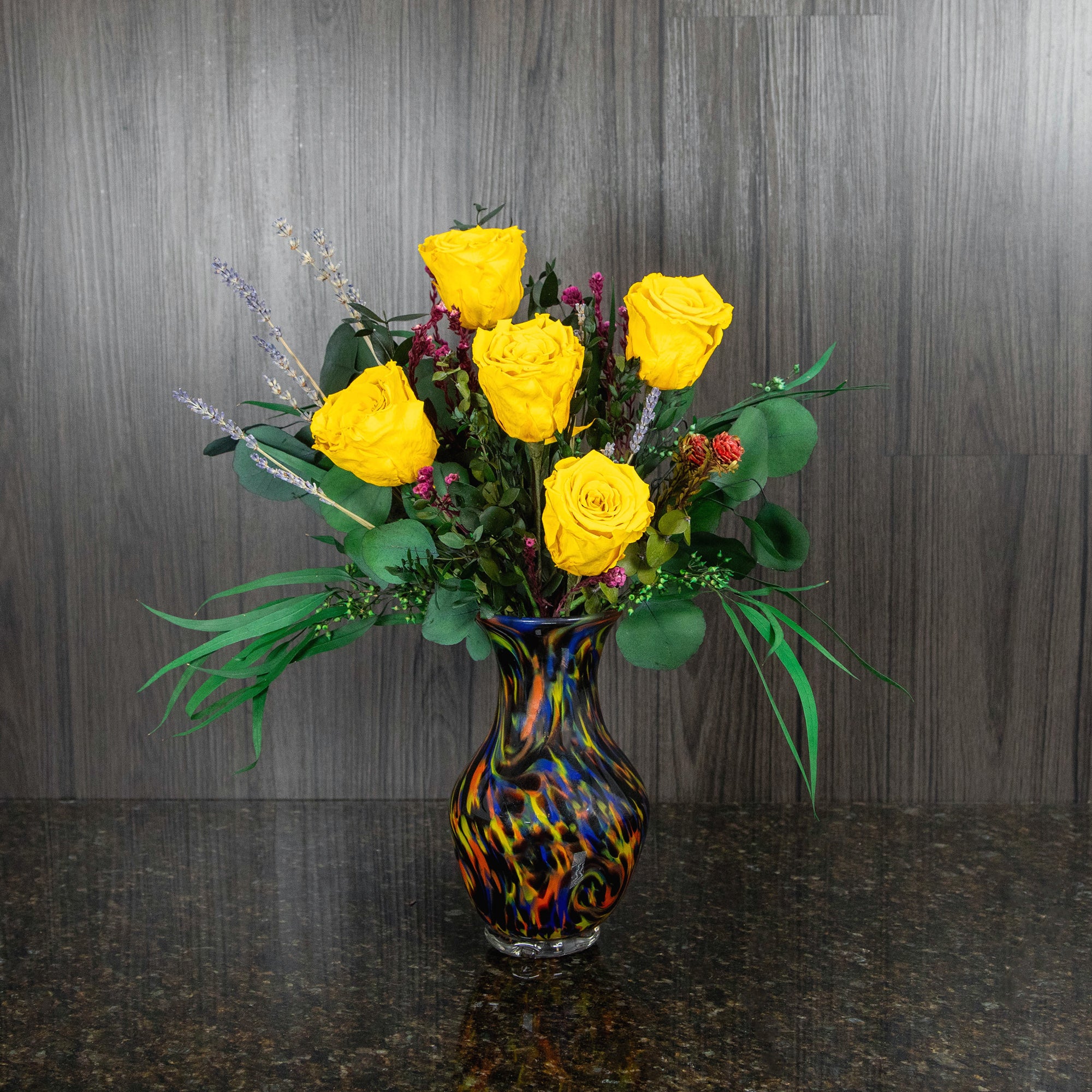 5 Yellow Preserved Roses in Colorful Glass Vase - Le Bouquet AZ – Le ...