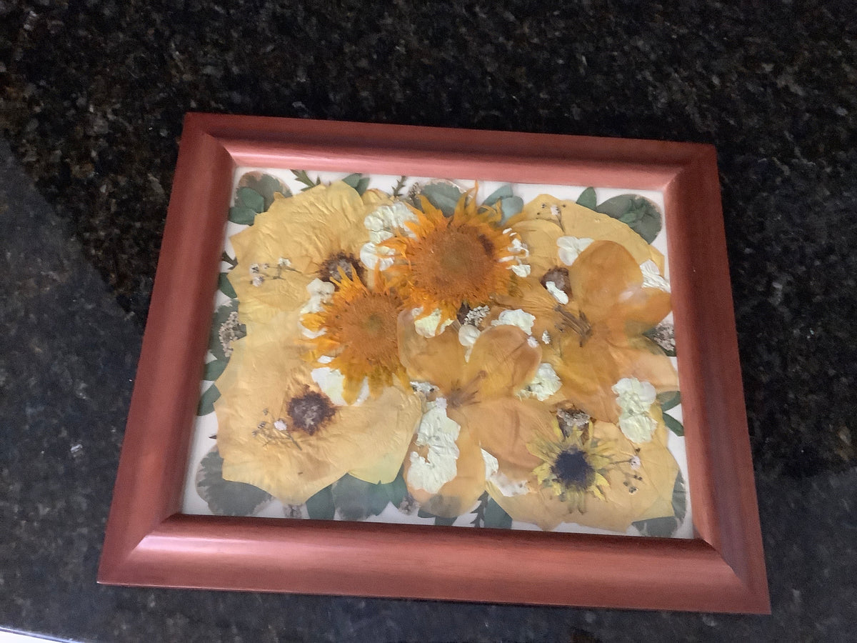 Pressed Flower Frame - Yellow & White Flowers in Wooden Frame
