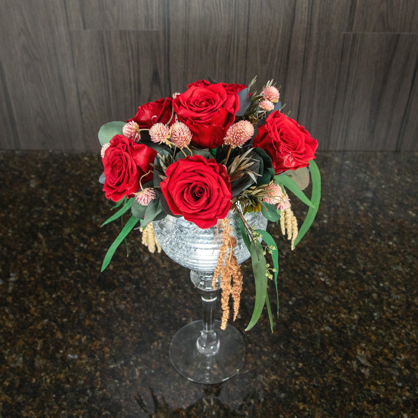 6 Preserved Red Roses in Tall Stemmed Glass Vase