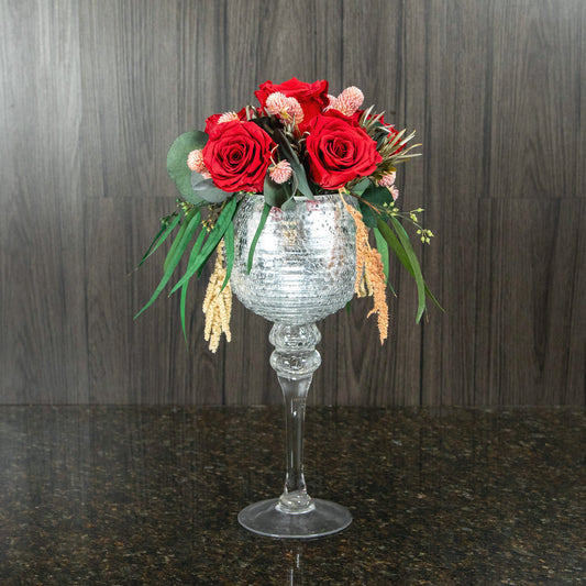 6 Preserved Red Roses in Tall Stemmed Glass Vase