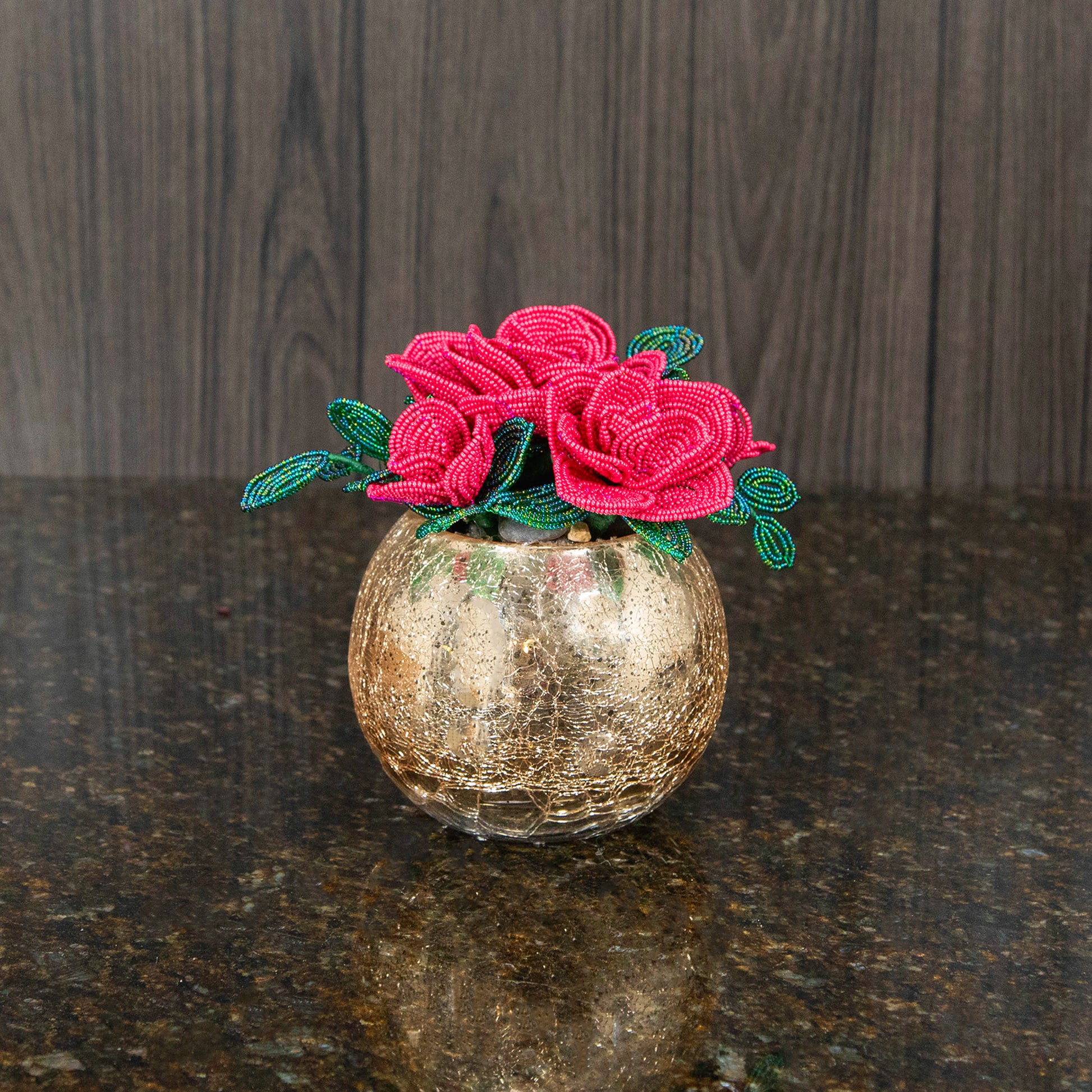 three light red french beaded roses in a gold bubble bowl vase