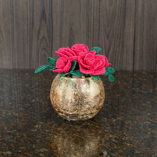 three light red french beaded roses in a gold bubble bowl vase