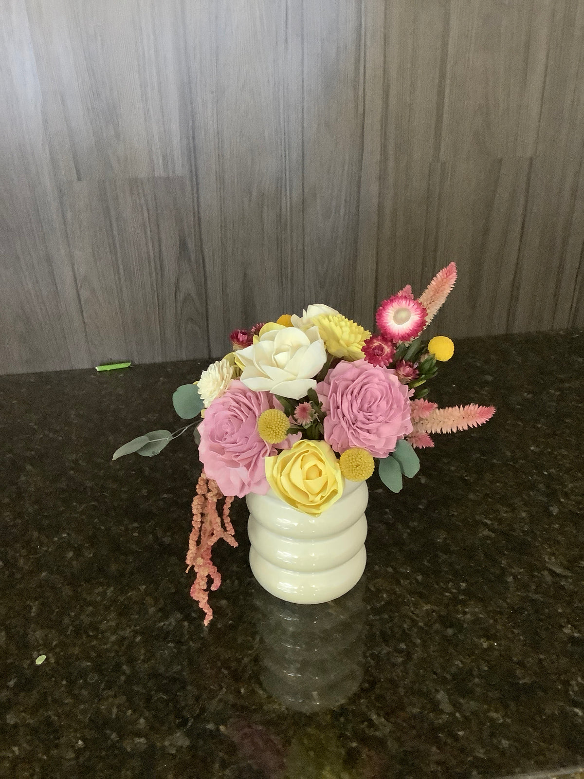 Sola Wood in White Bubbled Pot - Yellow, Pink, & White Flowers