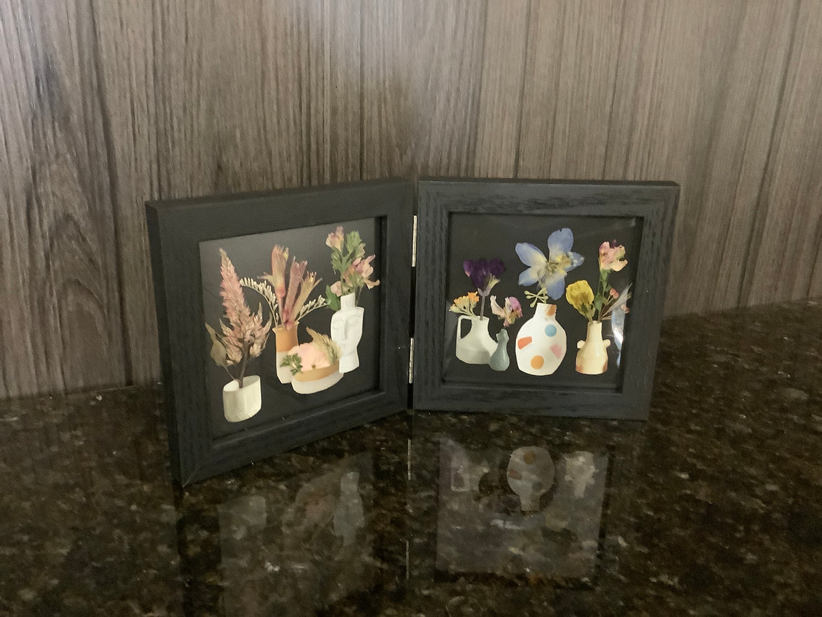 Pressed Flower Frame - Side by Side Black Frame, Mixed Flowers in Pots