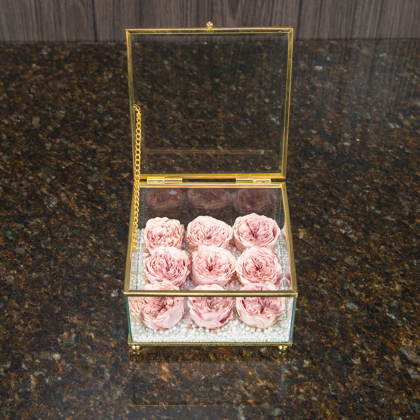 9 Preserved Mini Pink Garden Roses in Glass Box