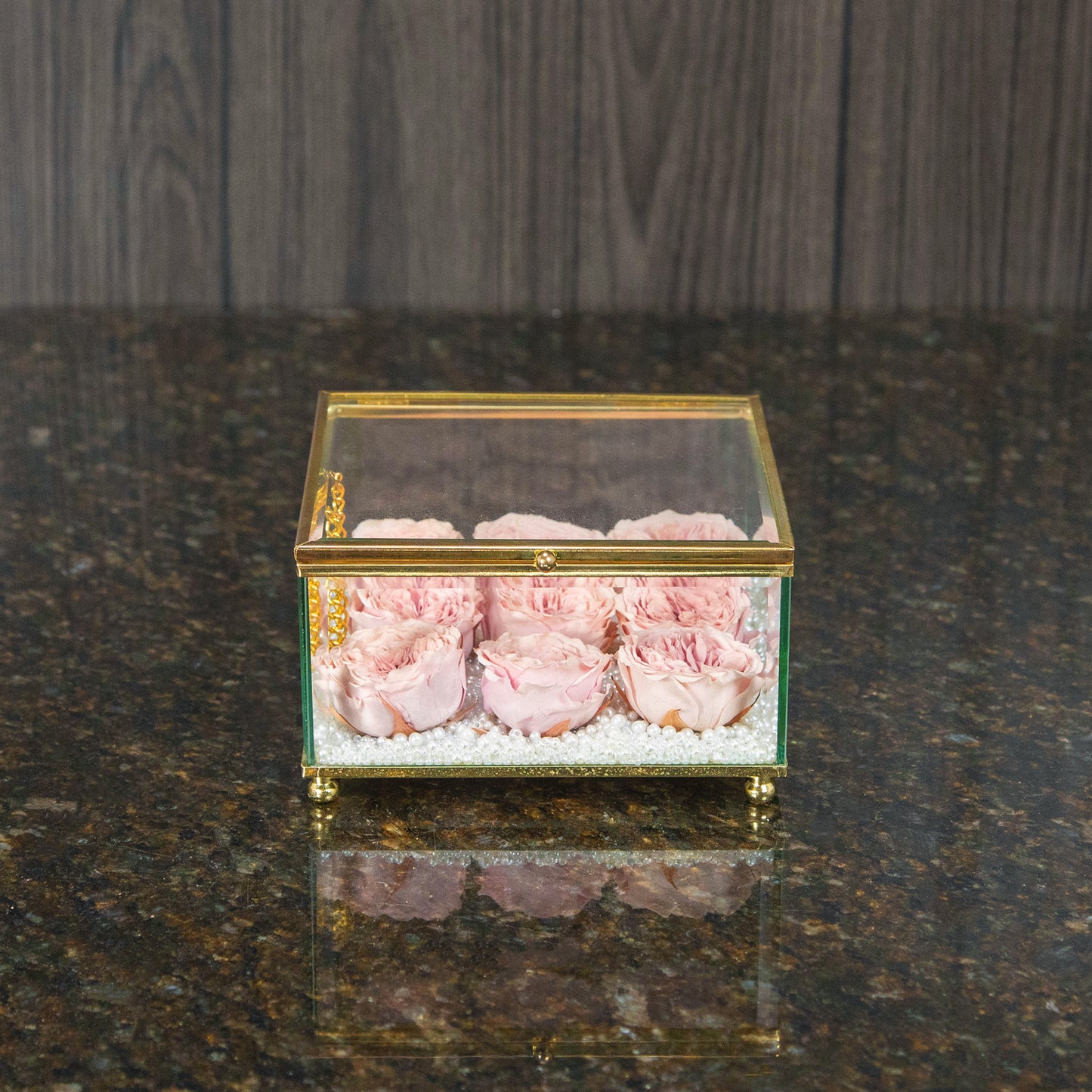 9 Preserved Mini Pink Garden Roses in Glass Box