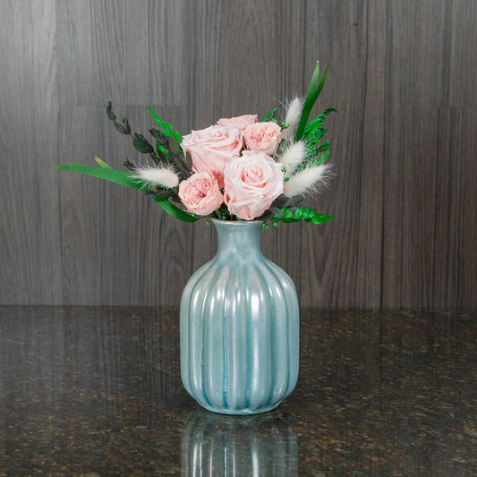 Preserved Pink Roses and Mini Garden Roses in Blue Ceramic Vase