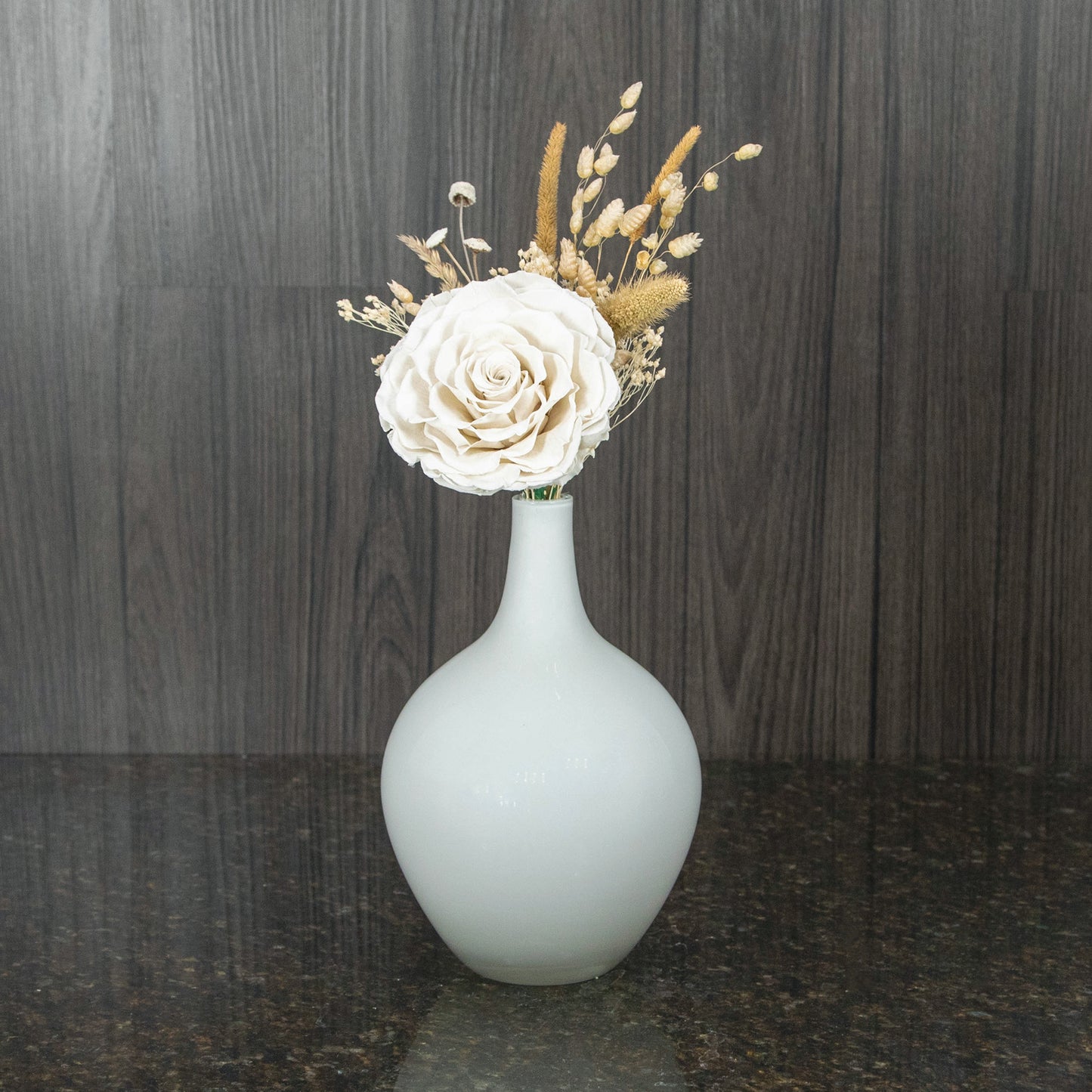 Single Large Preserved White Rose in White Vase