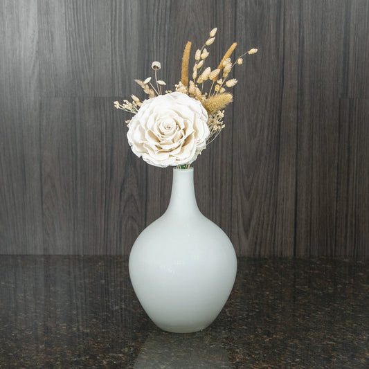 Single Large Preserved White Rose in White Vase