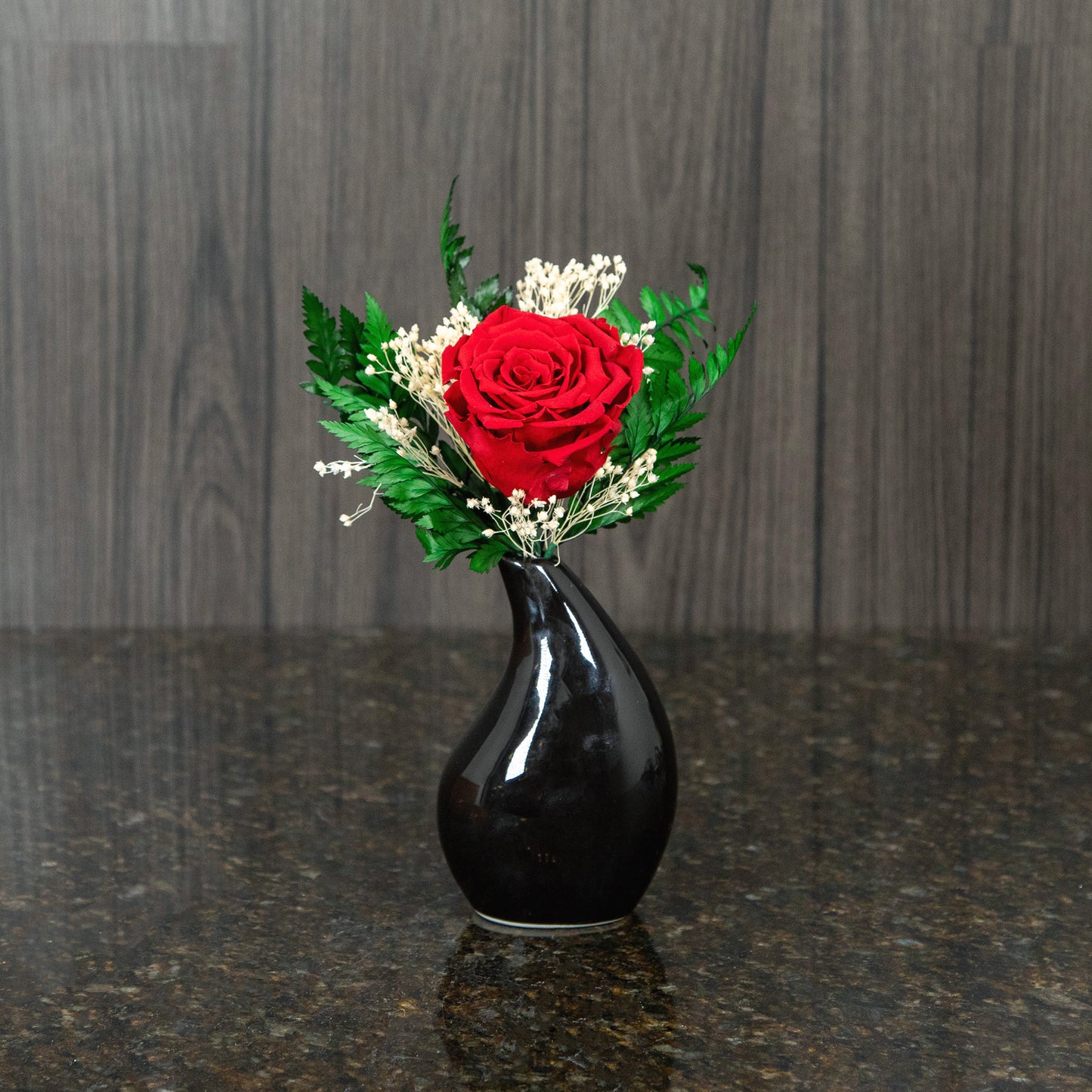 Single Preserved Red Rose in Black Vase
