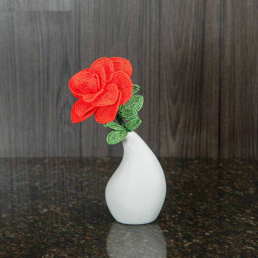 French Beaded Rose in White Bud Vase