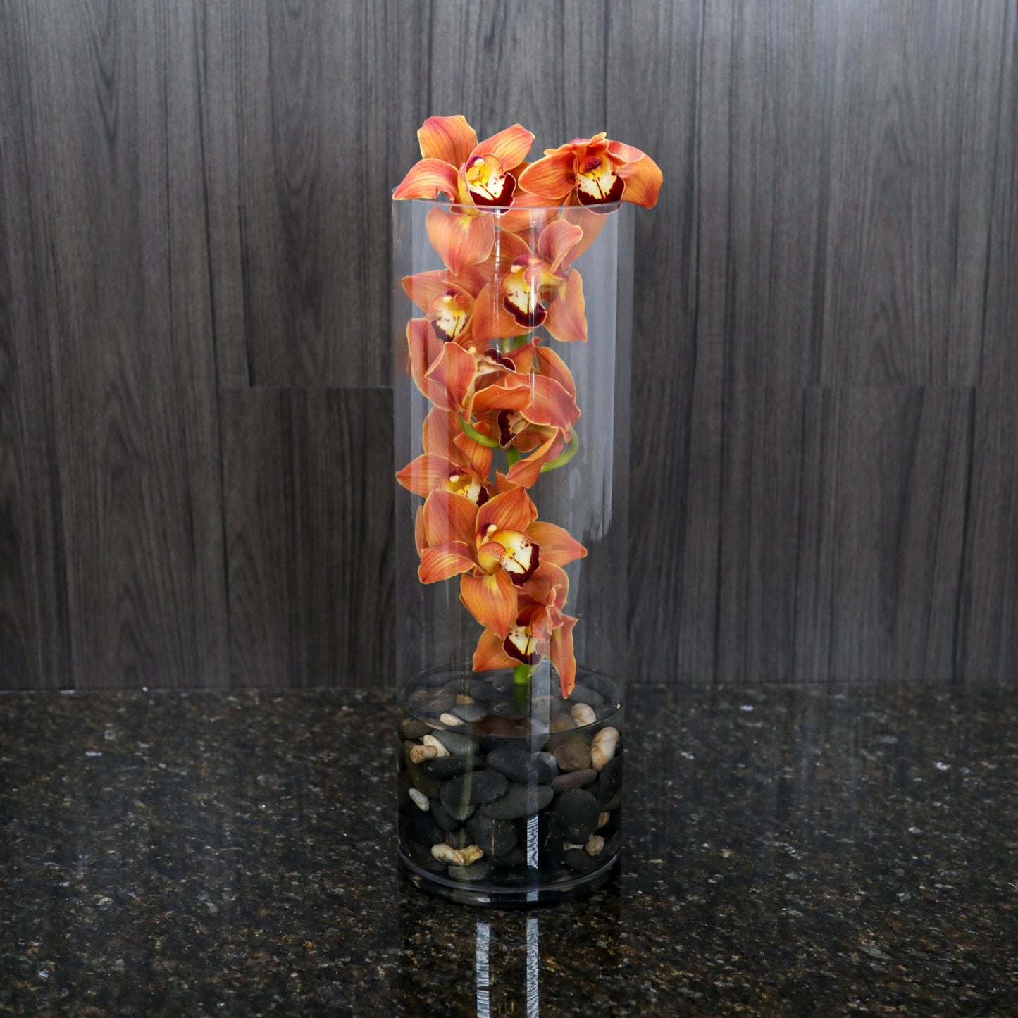 a stem of orange cymbidium orchids in a tall glass cylinder with black river rocks at the bottom