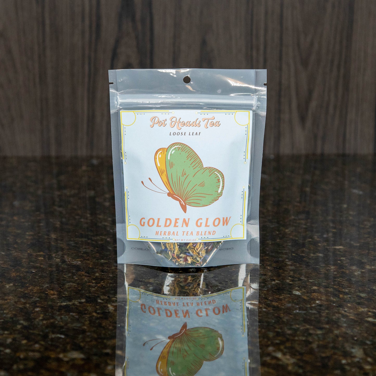 a packet of loose leaf tea with a light blue label