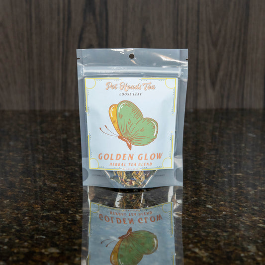 a packet of loose leaf tea with a light blue label