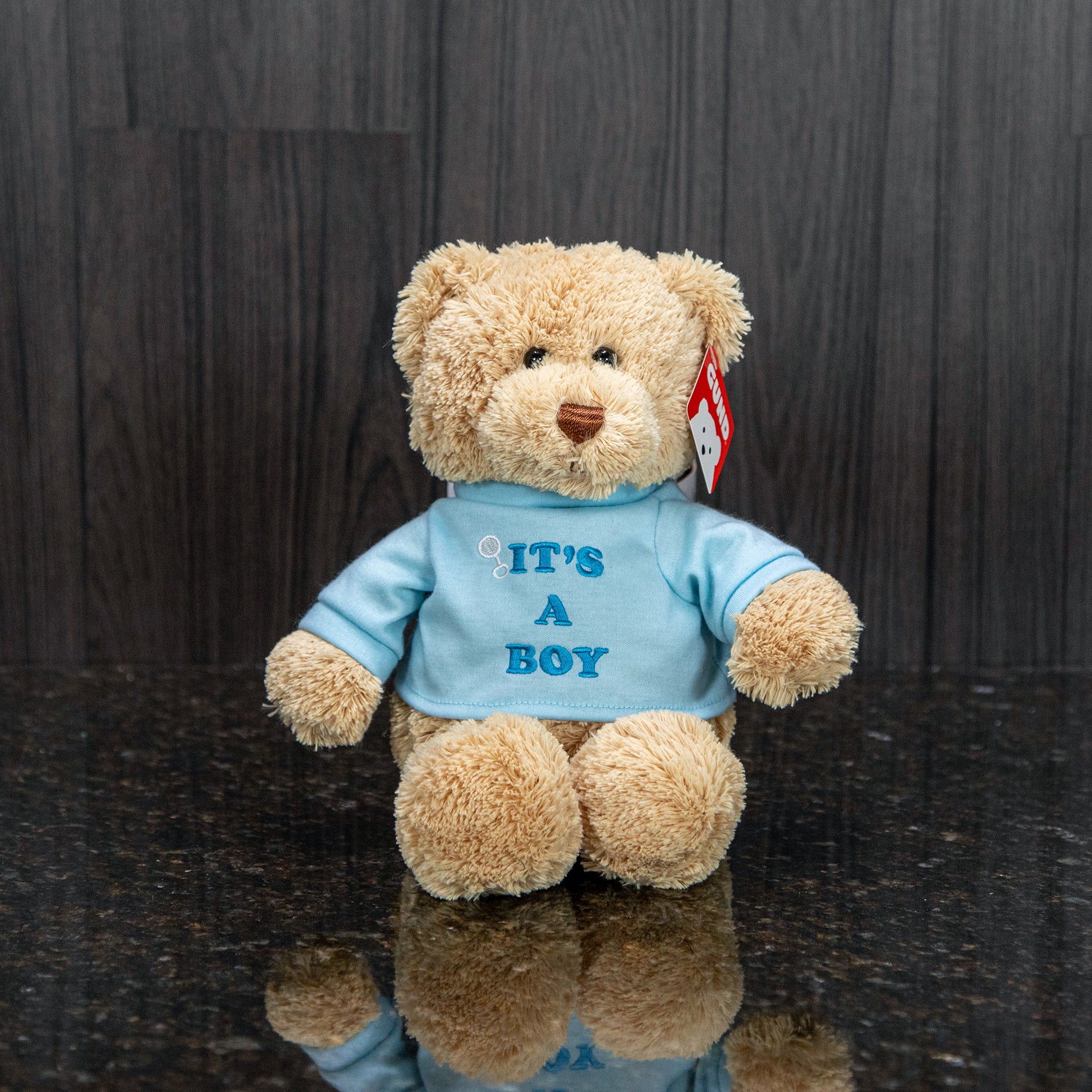 a light brown bear wearing a blue shirt that reads "it's a boy!"