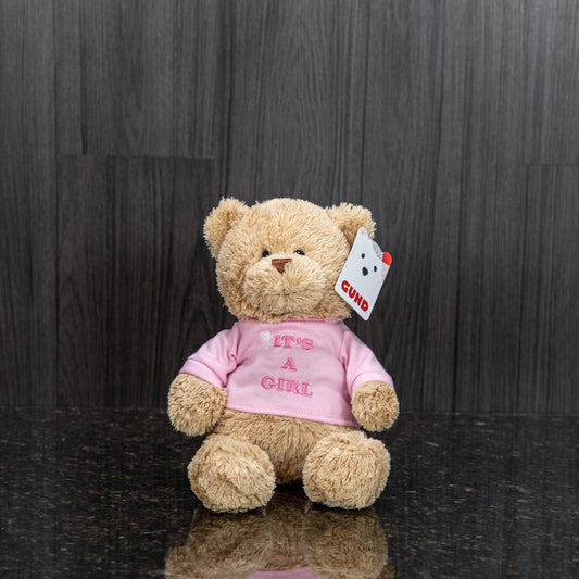 a light brown teddy bear wearing a light pink shirt that reads "it's a girl!"