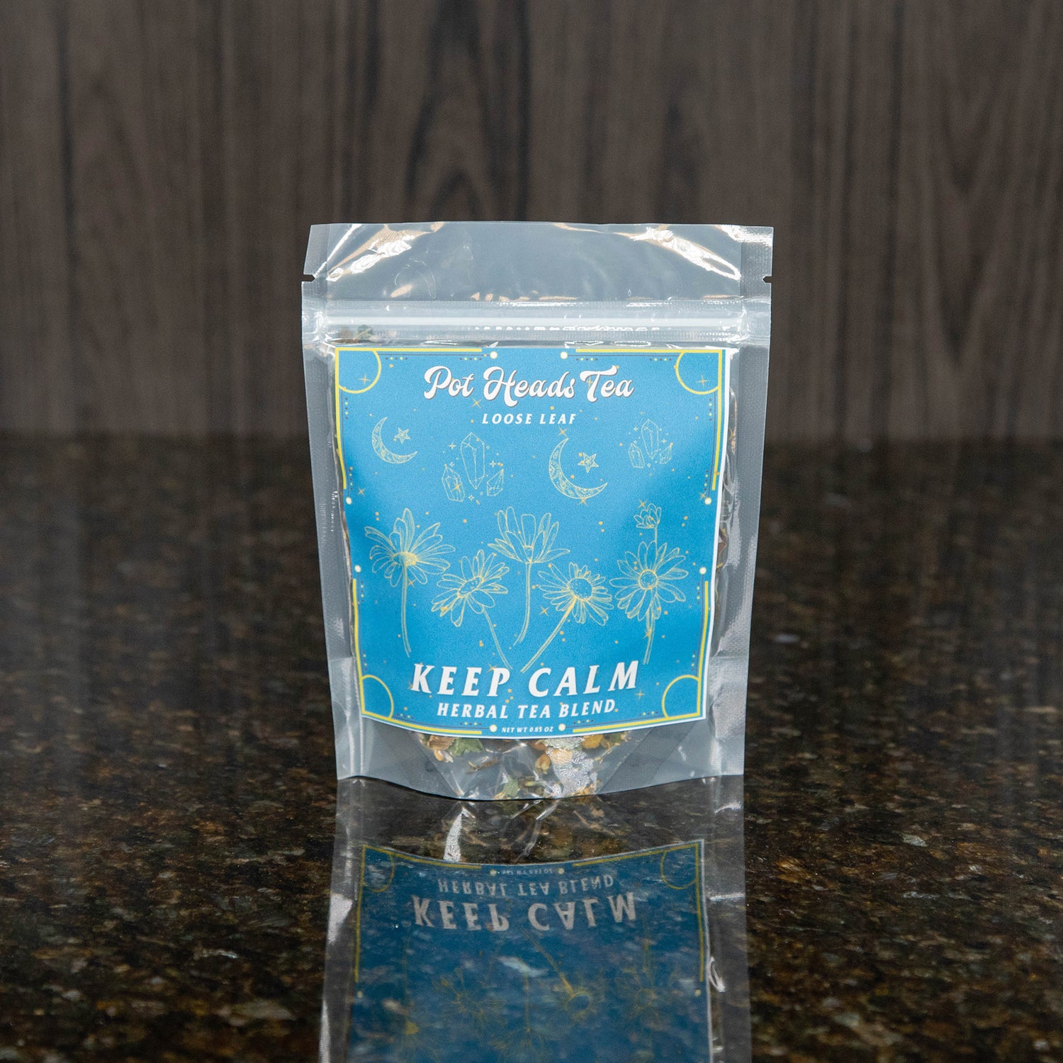 a packet of loose leaf tea with a blue label
