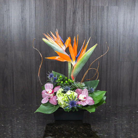 a tropical flower arrangement featuring two birds of paradise
